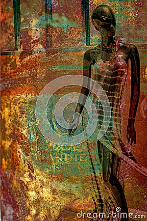 Abstract RETRO Manikan Double Exposure Meta Rust Fire Stock Photo