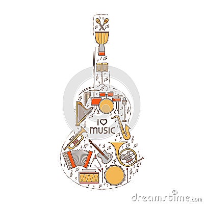 Abstract retro music creative cover in guitar shape. Vector illustration concept design. I love music - thin line Vector Illustration