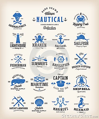 Abstract Retro Nautical Labels Collection. Vintage Sea Emblems, Signs or Logo Templates. Whales, Anchors, Octopus Vector Illustration