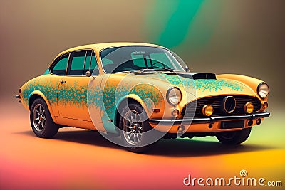 Abstract retro premium sportcar unically painted, in multicolor fog. AI generated, this is not real existing model Stock Photo