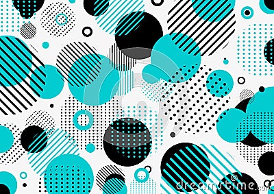 Abstract retro 80s-90s pattern blue and black geometric circles, line, dot on white background Vector Illustration