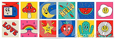 Abstract retro stickers. Cartoon 30s 40s 50s clip art character with funny faces. Rainbow and watermelon. Old television. Flowers Vector Illustration