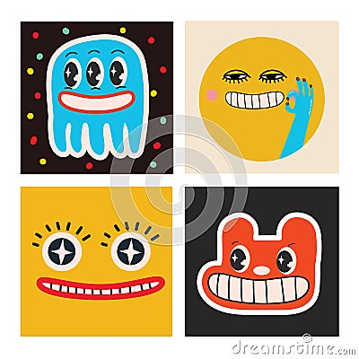 Abstract retro stickers. Cartoon 30s 40s 50s clip art character with funny faces.Vector psychedelic square banners set Vector Illustration