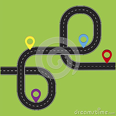 Abstract road pins for concept design. Timeline map. Pin icon vector. Track on a green background. Stock image Vector Illustration