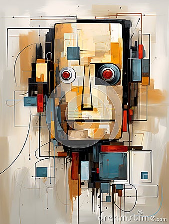 Abstract robot face among various forms in a minimalist style. Stock Photo