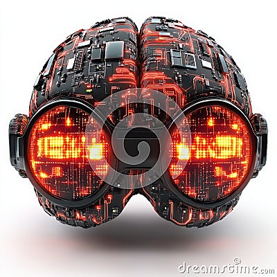 Abstract robotic head with glowing orange circuitry and mechanical components, symbolizing AI, robotics, and futuristic enginee Cartoon Illustration
