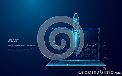 Abstract Rocket Takes off From the Laptop Screen. Spaceship Launch. Vector Illustration