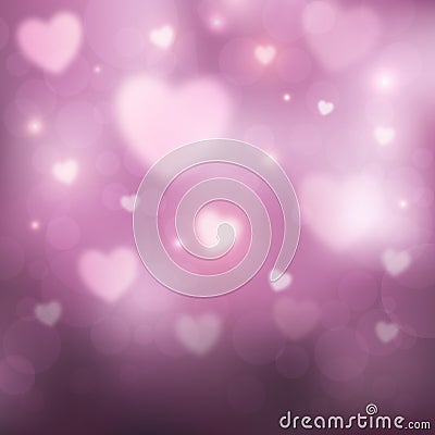 Abstract romantic pink background with hearts and bokeh lights. Vector Illustration