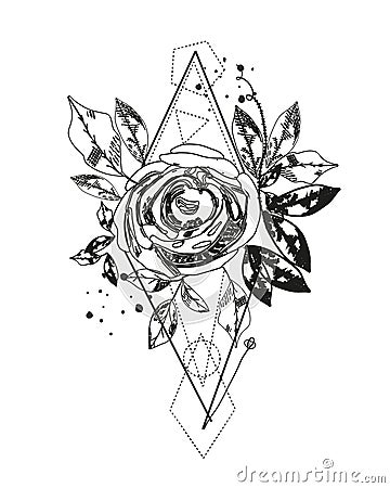 Abstract rose silhouette tattoo. Triangle geometric shapes and rose. Summer time abstract black flowers. Nature theme. Vector Illustration