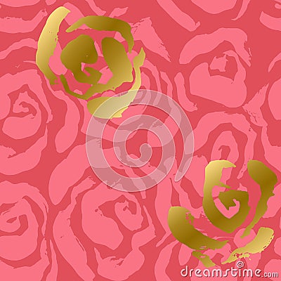 Abstract roses pink and gold background. Flower seamless pattern. Vector illustration Vector Illustration