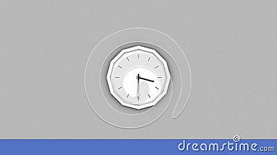 Abstract round clock hanging on the wall. Animation. Moving towards the white clock with the hands rotating fast, time Stock Photo