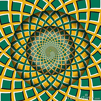 Abstract round frame with a moving yellow green squares pattern. Optical illusion hypnotic background Vector Illustration