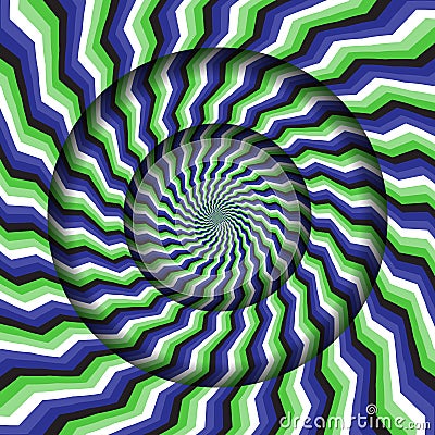 Abstract round frame with a rotating green blue stripes pattern. Optical illusion hypnotic background Vector Illustration