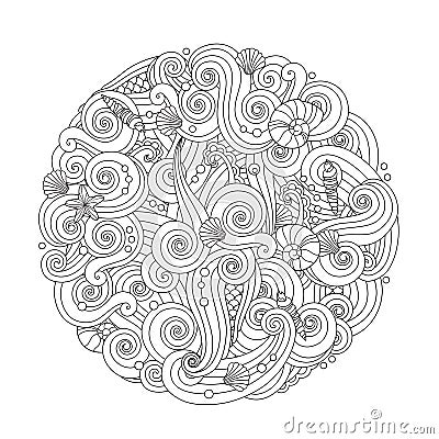 Abstract Round Sea Wave Mandala with curls, swirls, hairs, sea shells isolated on white background. Vector Illustration