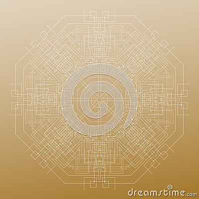 Abstract round technology pattern isolated on golden background, mandala template with connecting lines and dots Vector Illustration
