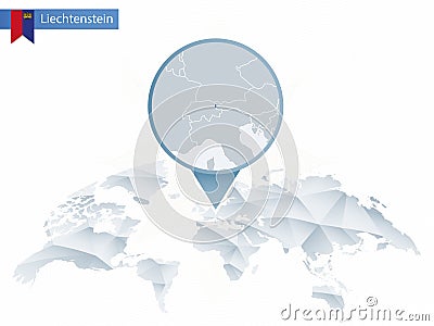 Abstract rounded World Map with pinned detailed Liechtenstein ma Vector Illustration