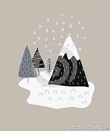 Abstract Scandinavian Style Art with Christmas Tress, Snowy Mountain and Snow. Vector Illustration