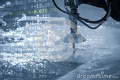 The abstract scene of abrasive water jet machine cutting the aluminum plate with the G-code data background. Stock Photo