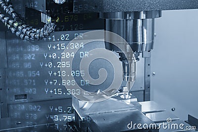 The abstract scene of 3-axis CNC machining centre and the G-code data cutting the injection mold part. Stock Photo