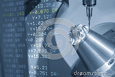 The abstract scene of 5-axis CNC milling machine with the NC data background. Stock Photo