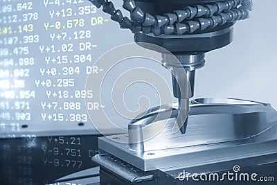 The abstract scene the finishing cut process on CNC milling machine and the G-code data background by conical type barrel tool Stock Photo