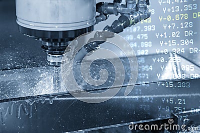 The abstract scene of the G-code data and the CNC milling machine cutting the forging mold parts with solid ball endmill tools. Stock Photo