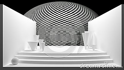 Abstract scene with geometric shapes, in black and white color - 3D rendering Cartoon Illustration