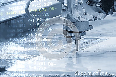 Abstract scene of multi-axis abrasive waterjet cutting machine and G-code data background Stock Photo