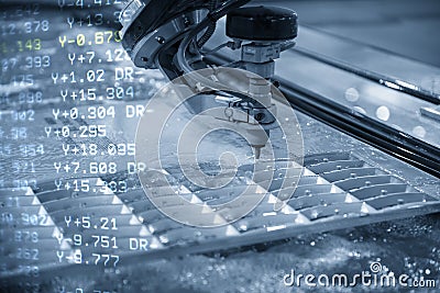 The abstract scene of multi-axis waterjet cutting machine with NC code data background Stock Photo