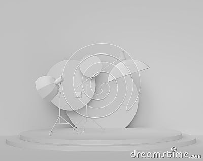 Abstract scene with photography studio flash on a lighting stand on monochrome Stock Photo