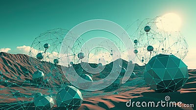 Abstract scfi-fi landscape with connected 3D balls and molecular grid structure. Futuristic surreal abstraction. Stock Photo