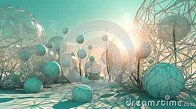 Abstract scfi-fi landscape with connected 3D balls and molecular grid structure. Futuristic surreal abstraction. Stock Photo
