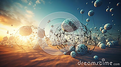 Abstract scfi-fi landscape with connected 3D balls and molecular grid structure. Futuristic surreal abstraction. Stock Photo