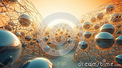 Abstract scfi-fi landscape with connected 3D balls and molecular grid structure. Futuristic surreal abstraction. Stock Photo