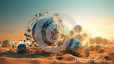 Abstract scfi-fi landscape with connected 3D balls and molecular grid structure. Futuristic surreal abstraction. Stock Photo