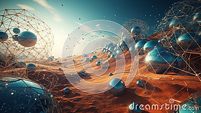 Abstract scfi-fi landscape with connected 3D balls and molecular grid structure. Futuristic surreal abstraction. Stock Photo