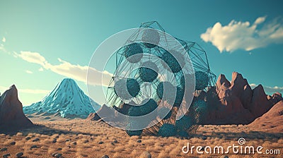 Abstract scfi-fi landscape with connected 3D balls and molecular grid structure. Futuristic surreal abstraction Stock Photo
