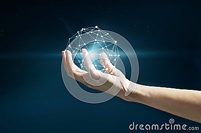 Abstract science, circle global network connection in hand Stock Photo