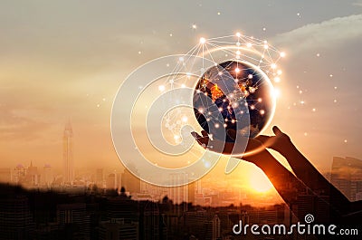 Abstract science, hands touching earth and circle global network Stock Photo