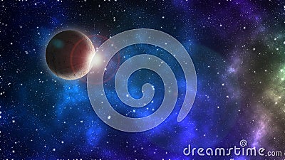 Abstract scientific background - glowing planet Earth with flash of sunrise in space ship galaxy. Stock Photo