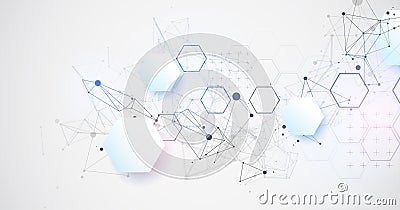 Abstract scientific vector background. Light gray gradient of hexagons of different shapes with plexus effect Vector Illustration