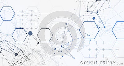 Abstract scientific vector background. Light gray gradient of hexagons of different shapes with plexus effect Vector Illustration