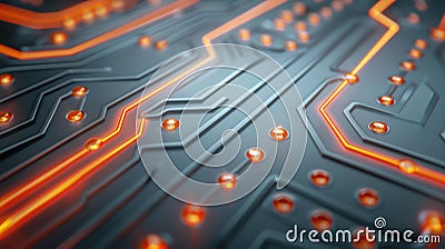 Abstract scifi hitech background with a futuristic device processor pattern in grey, silver, and orange hues. 3D render Stock Photo