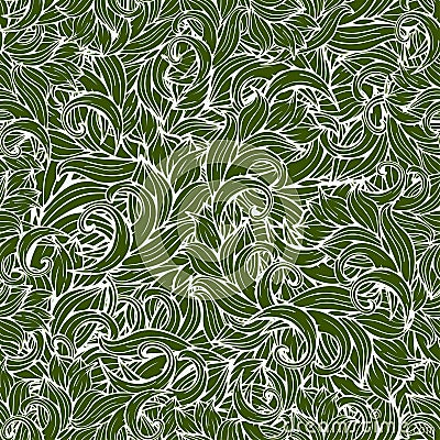 Abstract scrollwork seamless pattern, vector background. Green plants, grass, curls, waves. Natural stylized floral ornament. Hand Vector Illustration