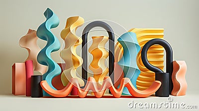 Abstract sculptural composition with wavy forms 3d rendering image, ai generated Stock Photo
