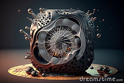 Abstract sculpture of ferrofluid splashes. Black fluid explosion. Dancing magnetic liquid in form of cube. Generative AI Stock Photo