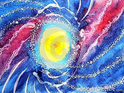 Abstract sea ocean wave, sun universe watercolor painting Cartoon Illustration