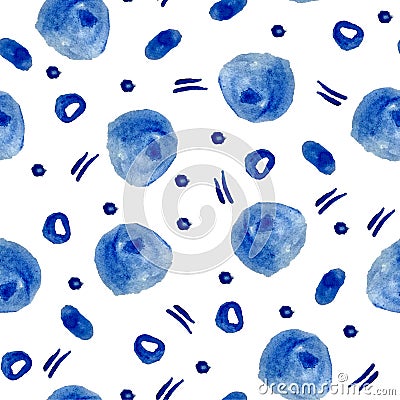 Abstract seamless background, watercolor textile ornament, dotted line, blue large and small polka dots . bitmap Stock Photo