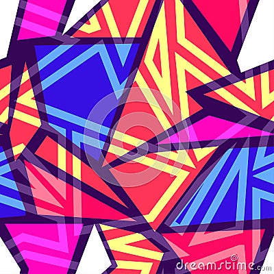 Abstract seamless chaotic pattern with urban geometric elements triangles. Grunge neon texture background. Stock Photo