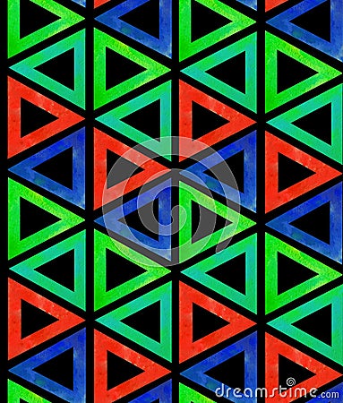 Abstract seamless dark pattern tile from multicolored red blue green triangles on a black background. Backdrop ornamental like Stock Photo